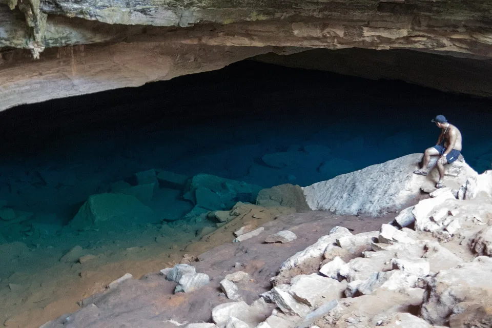 Blue cave water at Poço Azul in Chapada Diamantina