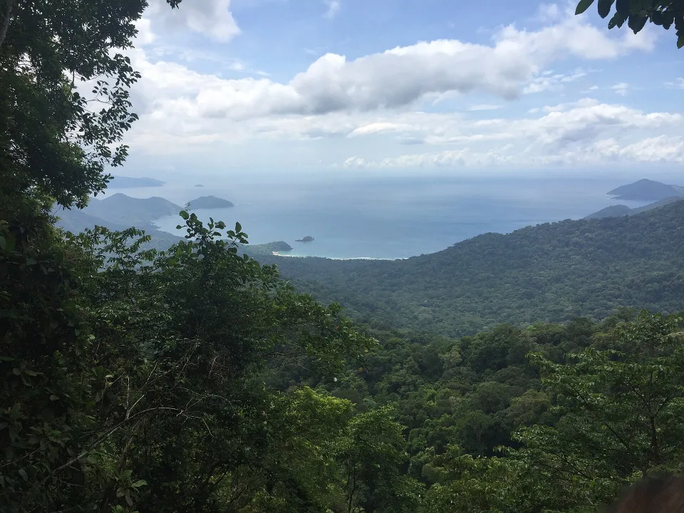 Praia de Castelhanos and Atlantic Forest mountains on Ilhabela, São Paulo