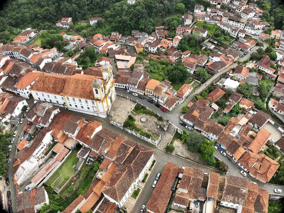 Aerial view of the protected historic centre of Ouro Preto