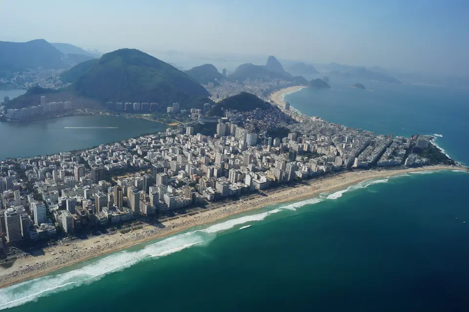 Aerial view of Ipanema beach, the city blocks and Rodrigo de Freitas Lagoon in Rio de Janeiro